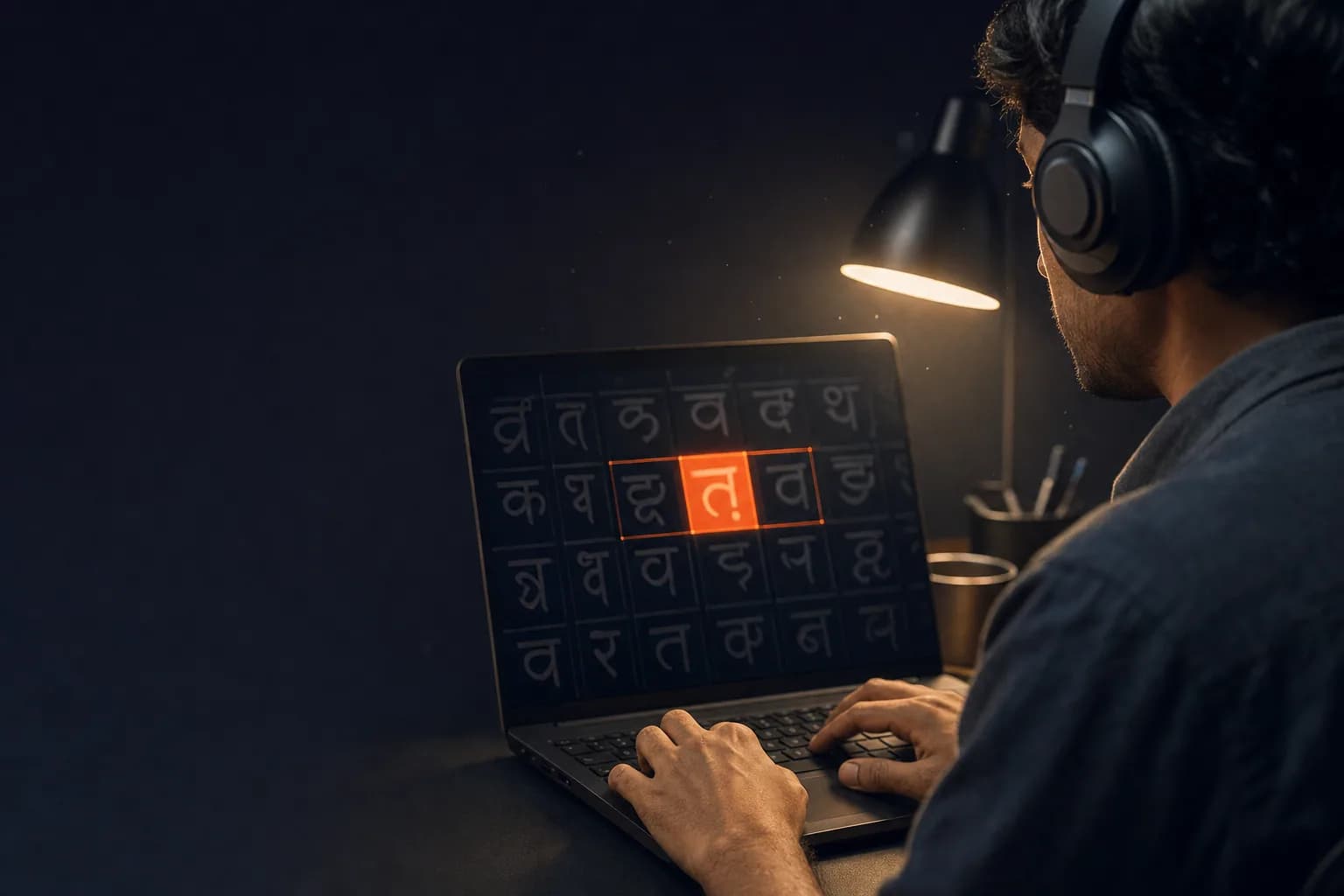An annotator labelling Devanagari text on a dark screen