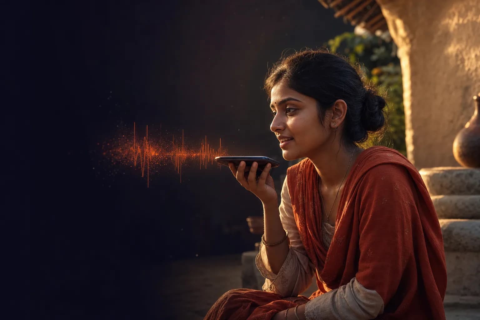A woman recording her voice on a phone in a village courtyard