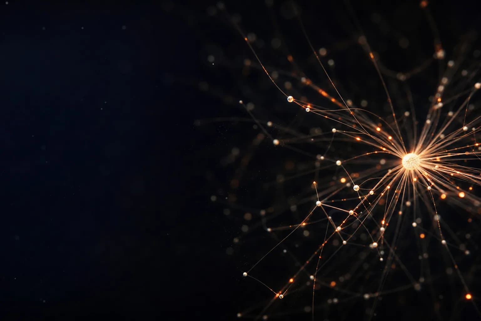 A neural network of glowing nodes converging into a core