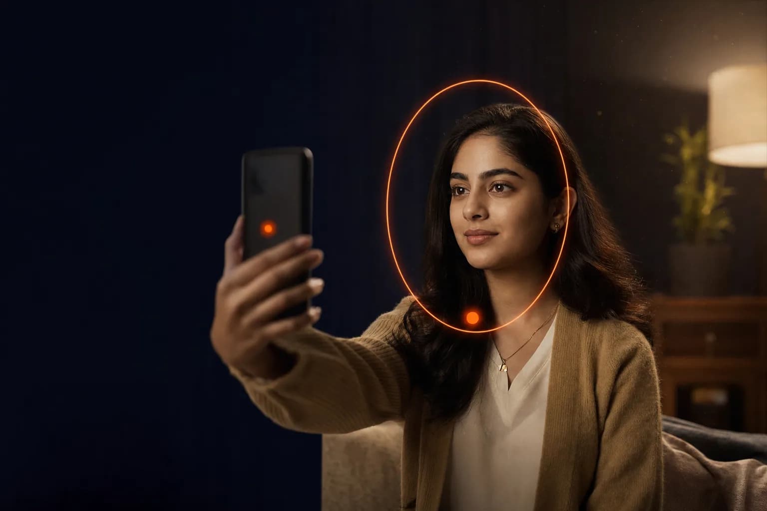 A woman recording a short face video with a guide frame on her phone