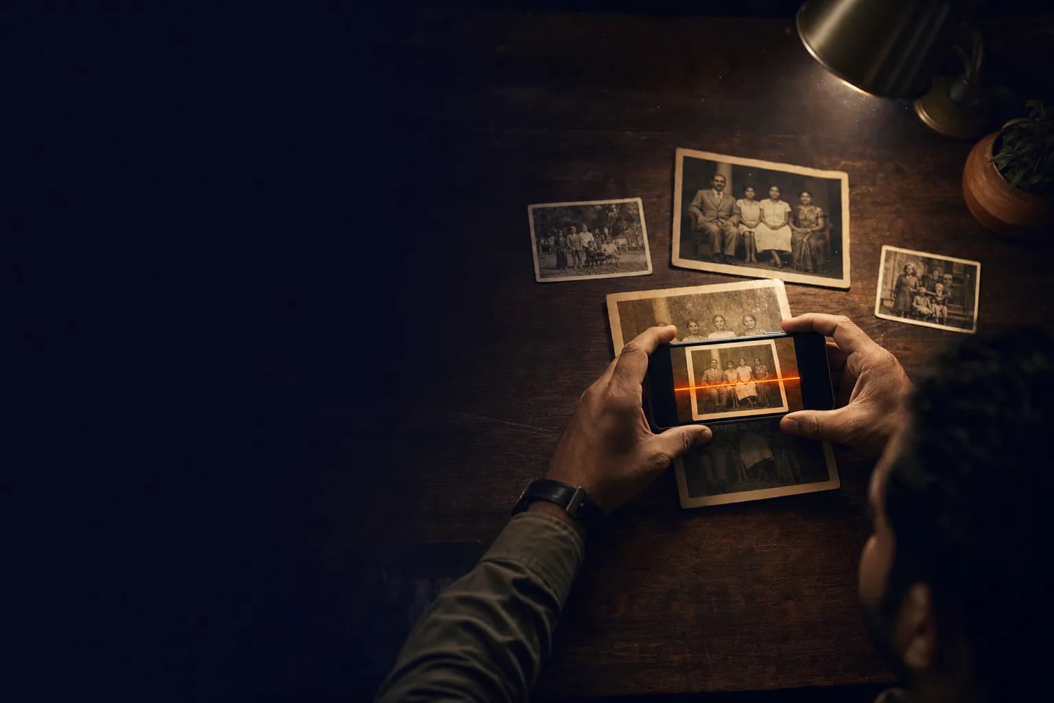 Vintage family photographs being photographed on a wooden table