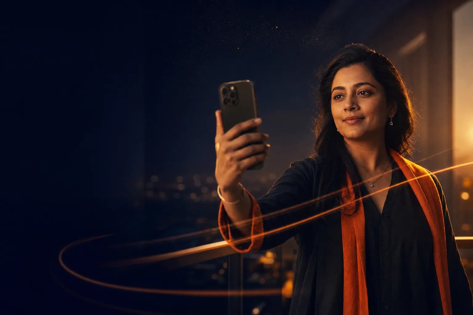 A woman taking a live photo on a balcony at golden hour
