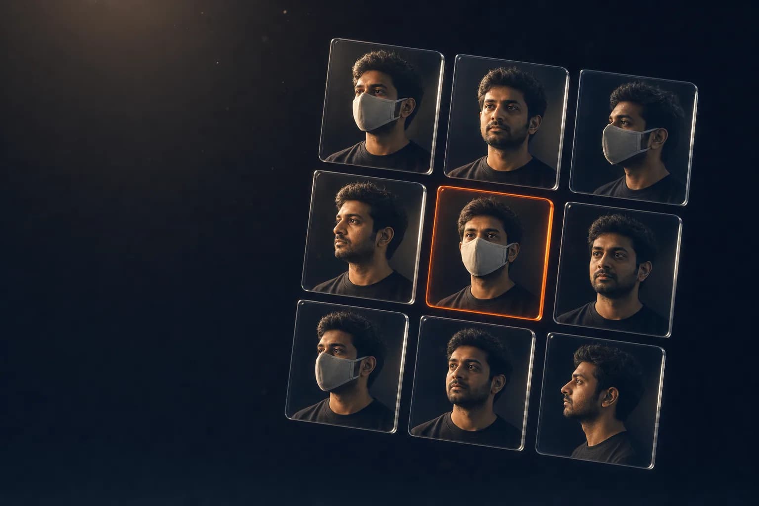 A grid of portrait tiles with and without a face mask