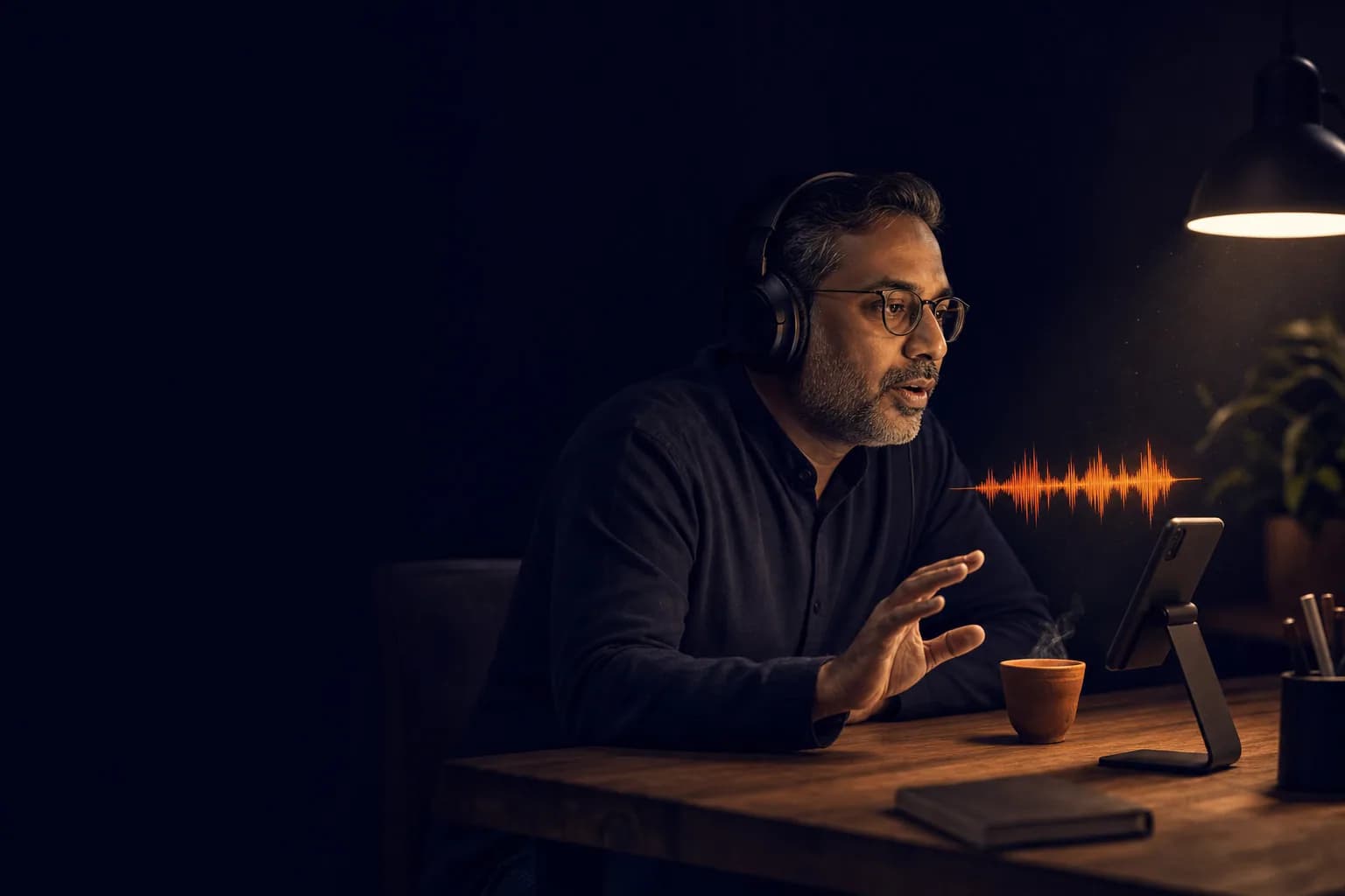 A man recording his voice into a phone at a home desk